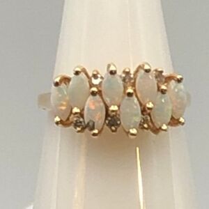Vintage 8 marquee cut opals and 6 real diamond chips 14k yellow gold size 6.5
